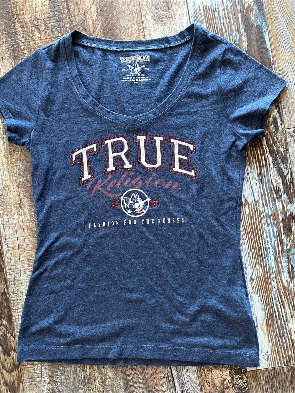 True Religion Navy Blue Graphic V-Neck Tee with Red Accents